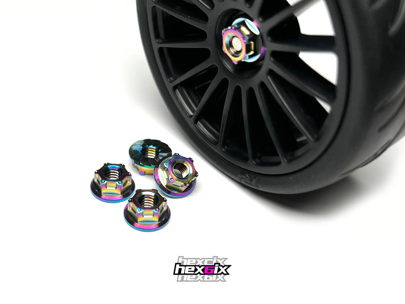 Sortafast Titanium Wheel Nuts - Hexcix M4 Flanged & Serrated - Oil Slick (4pc)